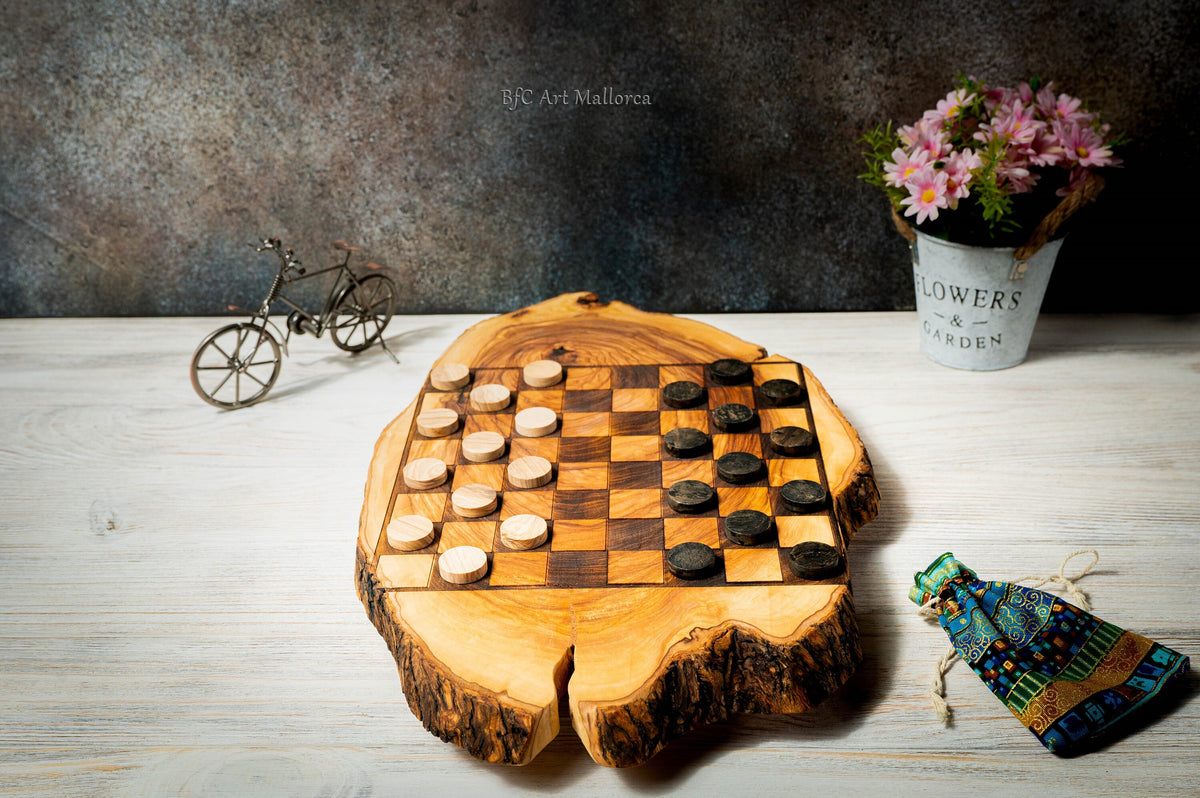 Handmade Checkerboard Live Edge Olive wood, Checkerboard rustic Wooden, Handmade set Checker board and Unique Checker set