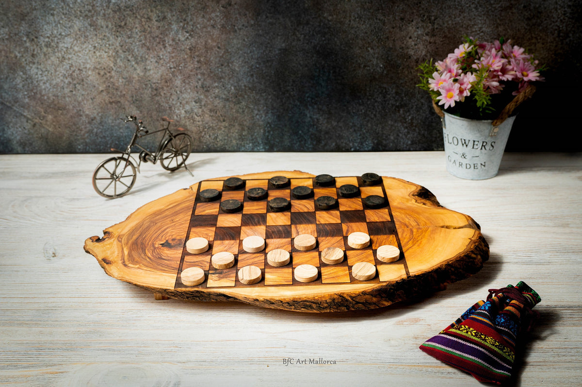 Handmade Checkerboard Live Edge Olive wood, Checkerboard rustic Wooden, Handmade set Checker board and Unique Checker set