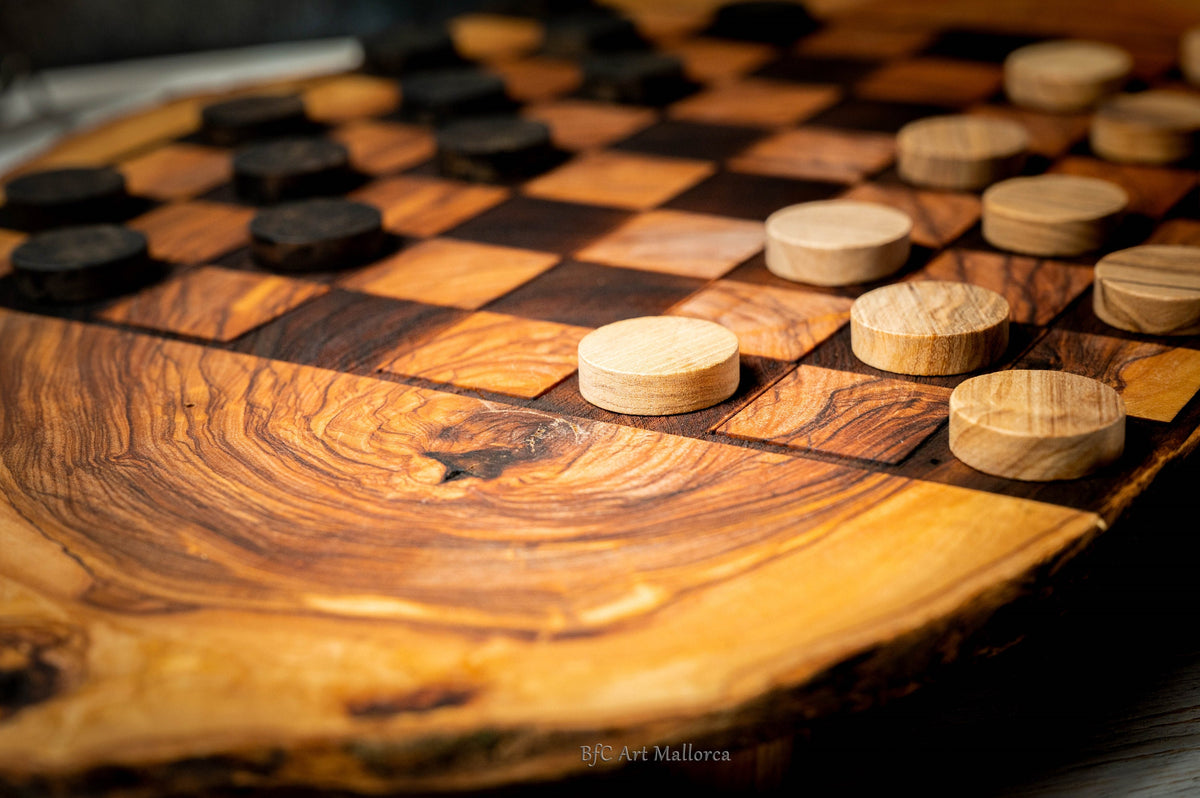 Handmade Checkerboard Live Edge Olive wood, Checkerboard rustic Wooden, Handmade set Checker board and Unique Checker set