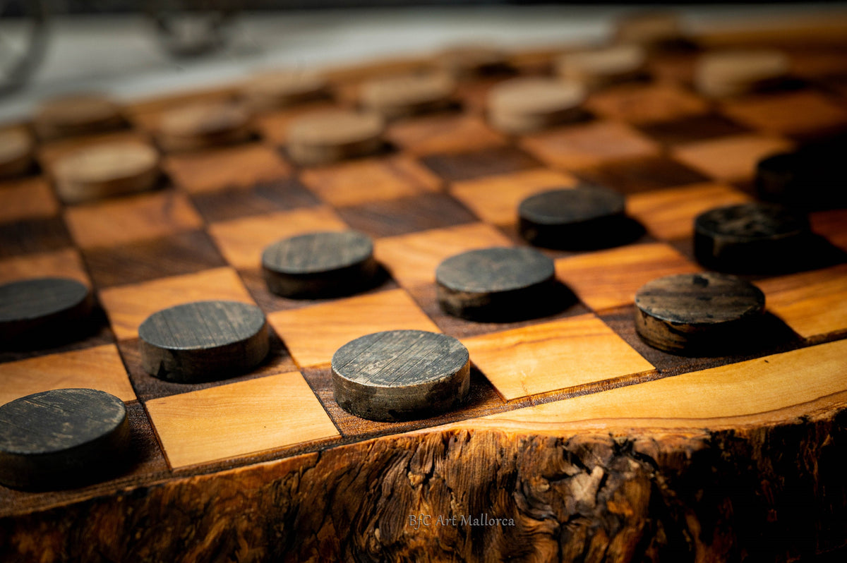 Handmade Checkerboard Live Edge Olive wood, Checkerboard rustic Wooden, Handmade set Checker board and Unique Checker set