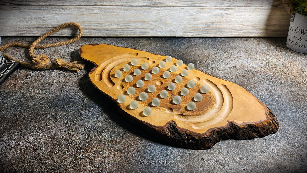 Solitaire Game Board Handmade With a Rustic Board Olive Wood, Custom wooden solitaire game with glass balls