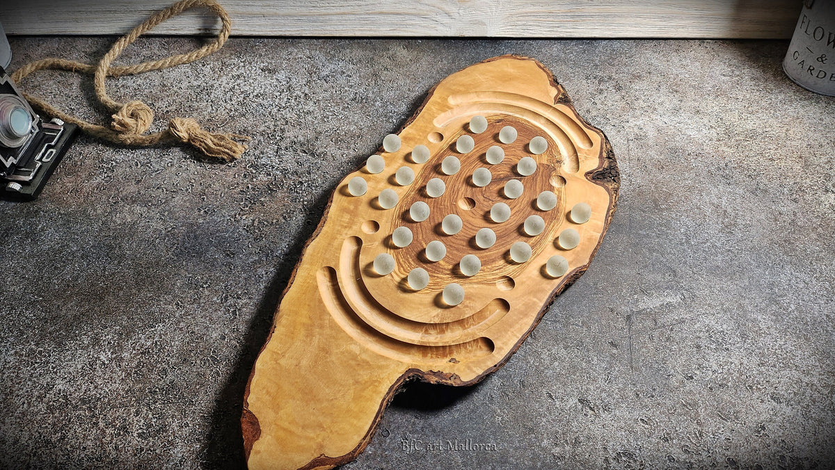 Handmade Olive Wood Solitaire Game with Glass Balls