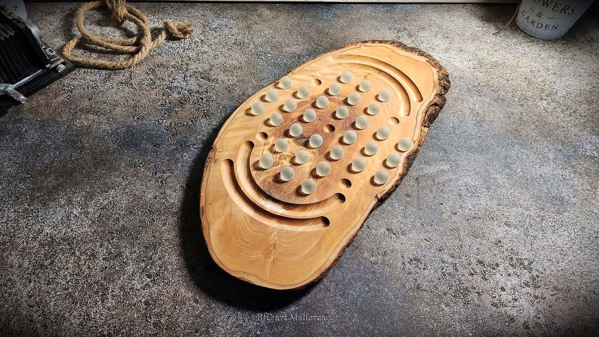 Solitaire Game Board Handmade With a Rustic Board Olive Wood, Custom wooden solitaire game with glass balls