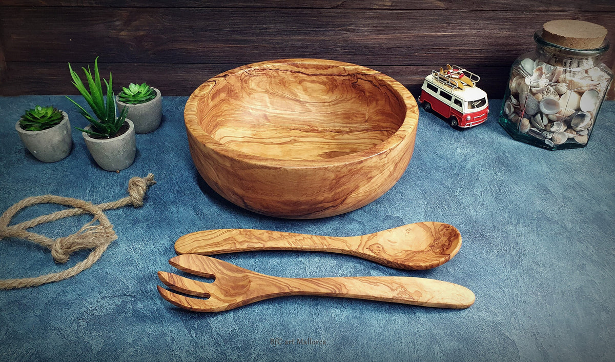 Handcrafted Olive Wood Salad Bowl Set with Spoon and Fork