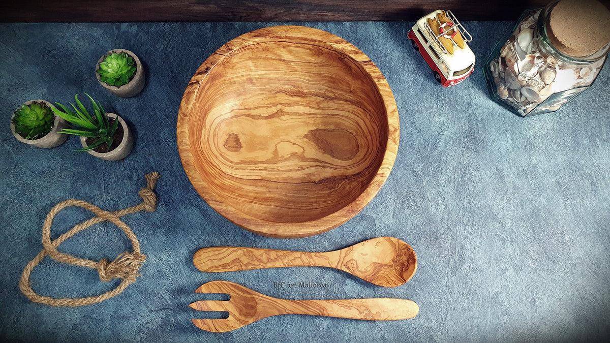 Handcrafted Olive Wood Salad Bowl Set with Spoon and Fork