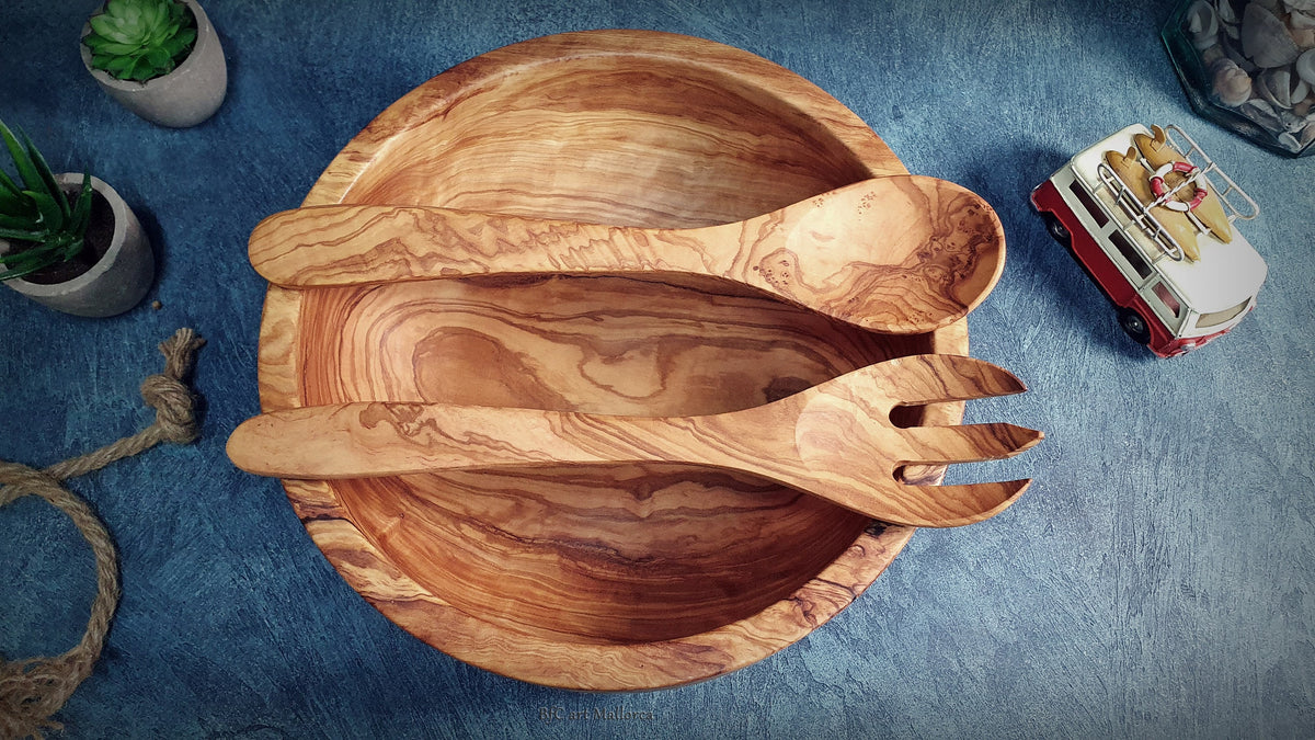 Handcrafted Olive Wood Salad Bowl Set with Spoon and Fork