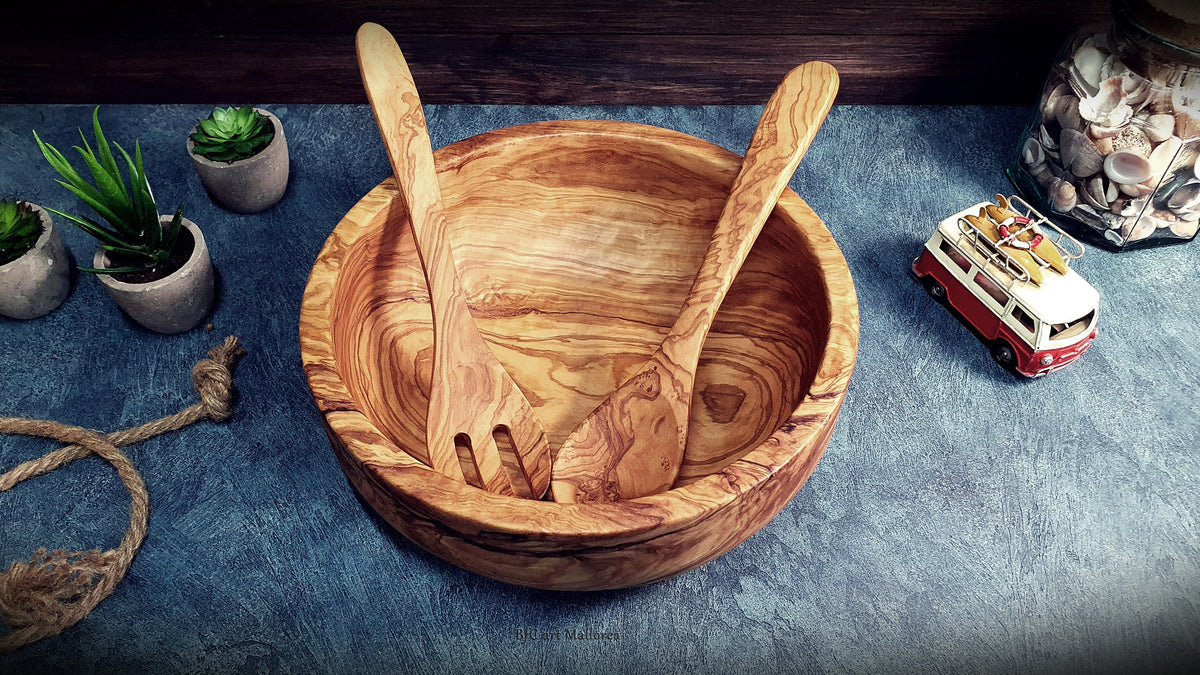 Handcrafted Olive Wood Salad Bowl Set with Spoon and Fork