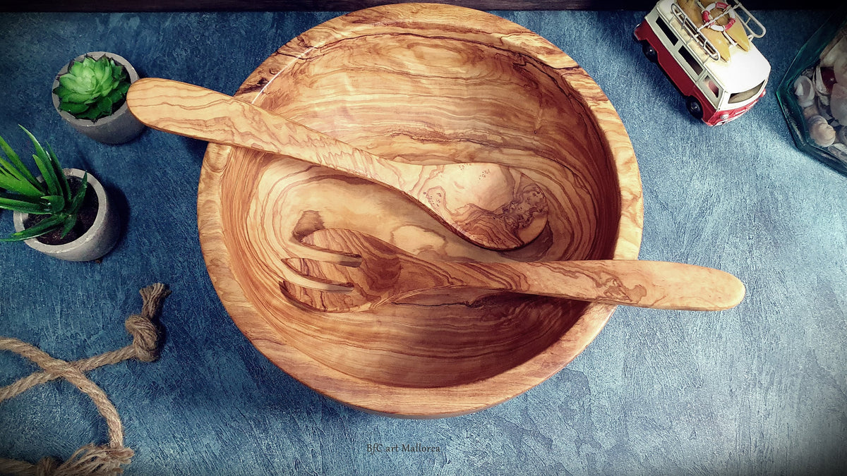 Handcrafted Olive Wood Salad Bowl Set with Spoon and Fork