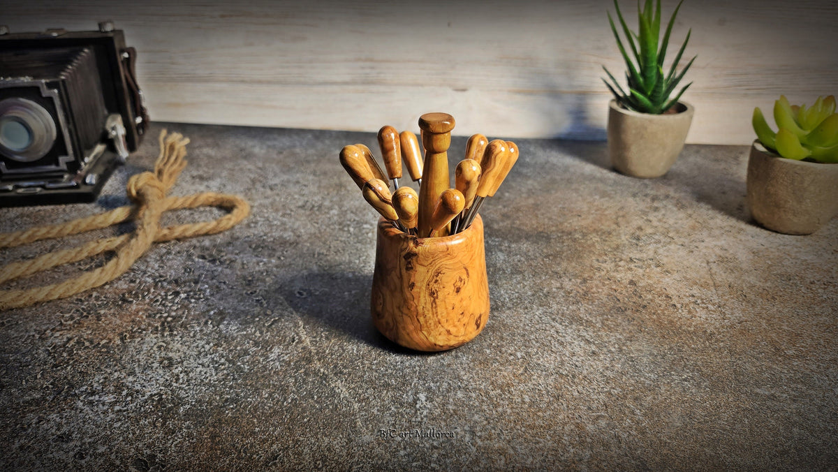 Olive Wood Skewer Holder with Mini Cocktail Skewers with 12 skewers, Wedding Appetizers