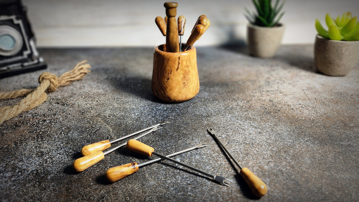Olive Wood Skewer Holder with Mini Cocktail Skewers with 12 skewers, Wedding Appetizers