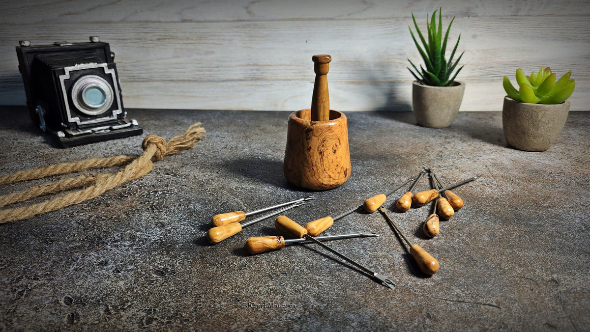 Olive Wood Skewer Holder with Mini Cocktail Skewers with 12 skewers, Wedding Appetizers