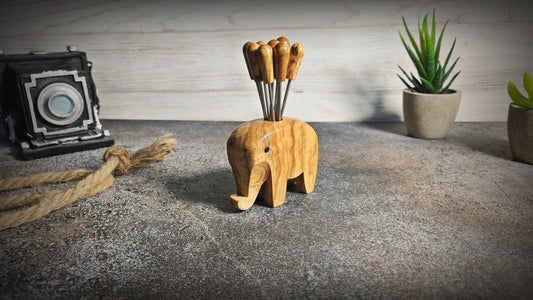 elephant holder for skewers of olive wood with 9 skewers ideal for appetizers, olives, cheeses, etc,  elephant holder pick appetizer server Set of 9 mini servers of appetizer, fruits, chesse, Cupcake, etc
