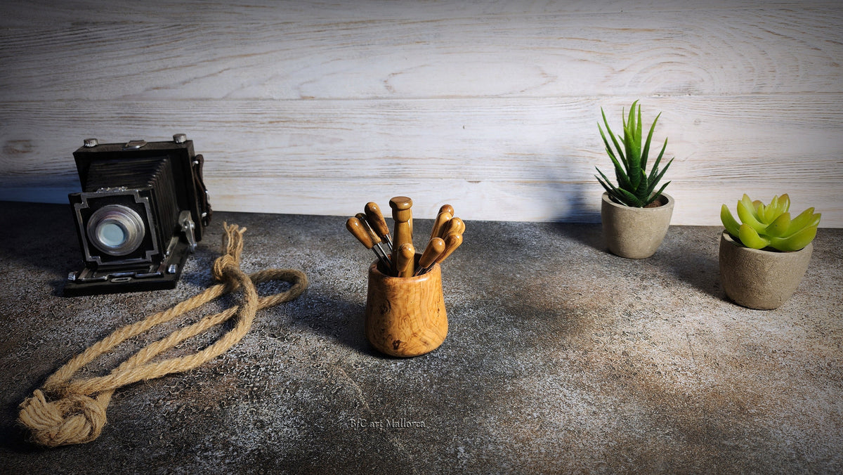 Olive Wood Skewer Holder with Mini Cocktail Skewers with 12 skewers, Wedding Appetizers