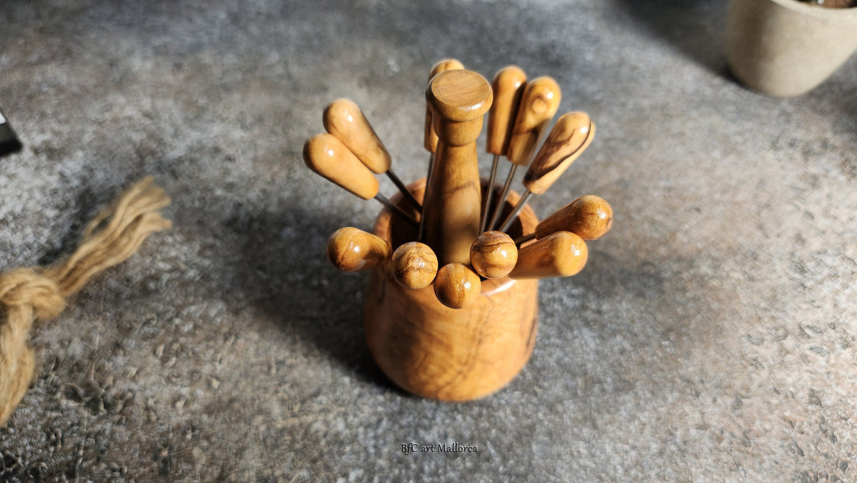 Olive Wood Skewer Holder with Mini Cocktail Skewers with 12 skewers, Wedding Appetizers
