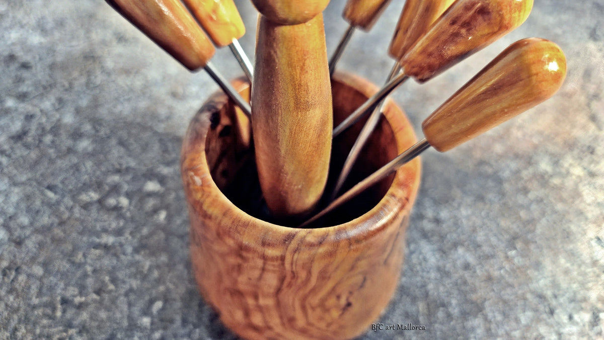 Olive Wood Skewer Holder with Mini Cocktail Skewers with 12 skewers, Wedding Appetizers