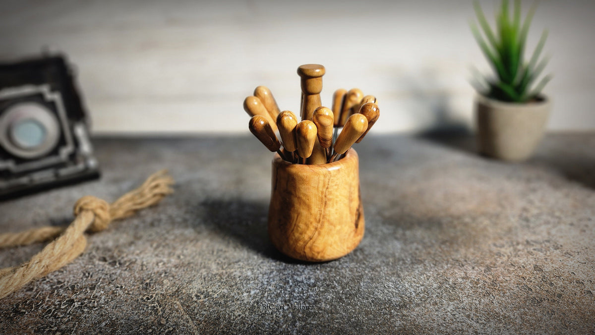 Olive Wood Skewer Holder with Mini Cocktail Skewers with 12 skewers, Wedding Appetizers