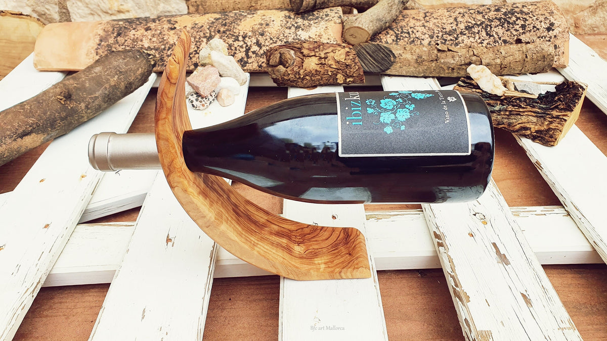 Olive Wood Wine Bottle Holder, Handmade Balancing Tabletop Stand