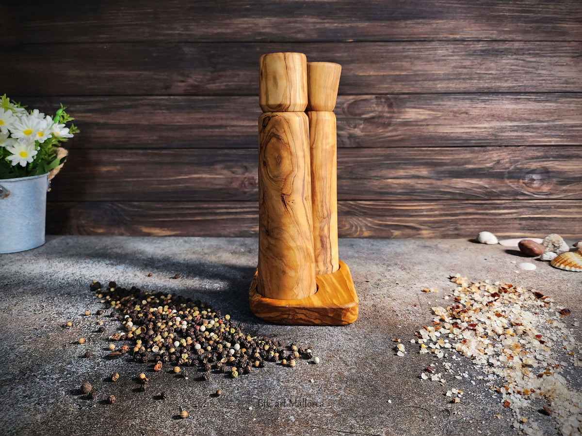 Handcrafted Olive Wood Salt and Pepper Mill Set with Tray