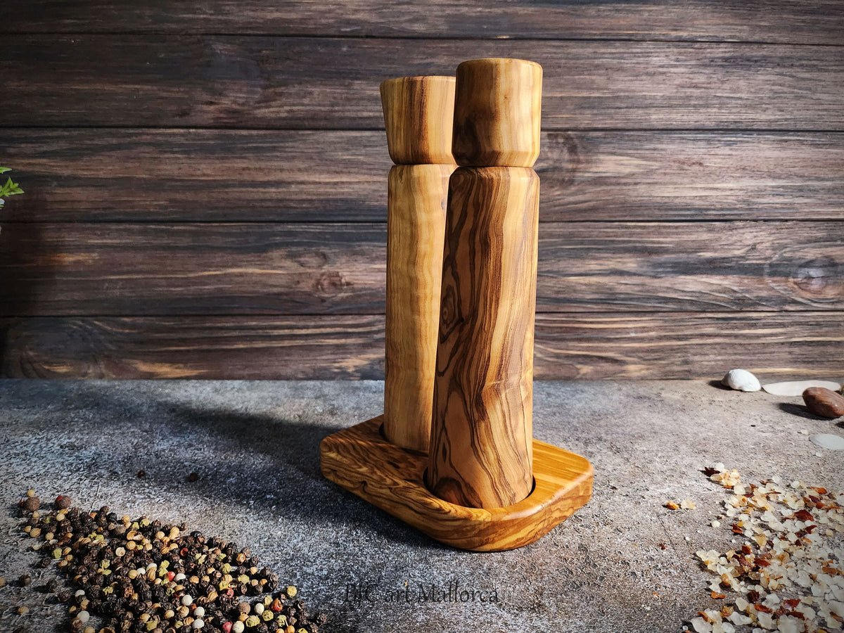 Handcrafted Olive Wood Salt and Pepper Mill Set with Tray