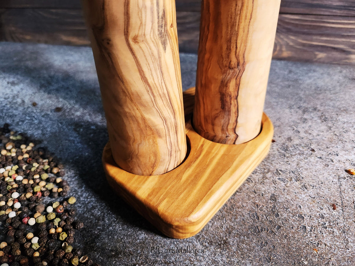Handcrafted Olive Wood Salt and Pepper Mill Set with Tray