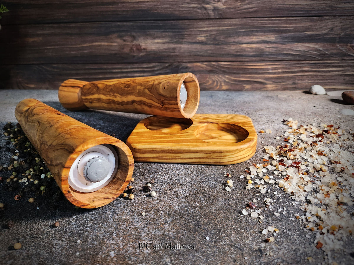 Handcrafted Olive Wood Salt and Pepper Mill Set with Tray