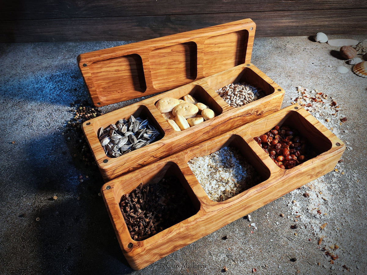 Olive wood salt shaker large with 6 compartments with a Lid, Salt Box with 3 plus 3 compartments stacked on top of each other to save space
