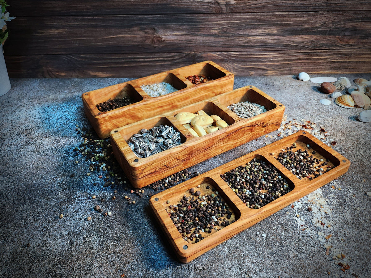 Handmade Olive Wood Salt Box, 6-Compartment Spice Organizer