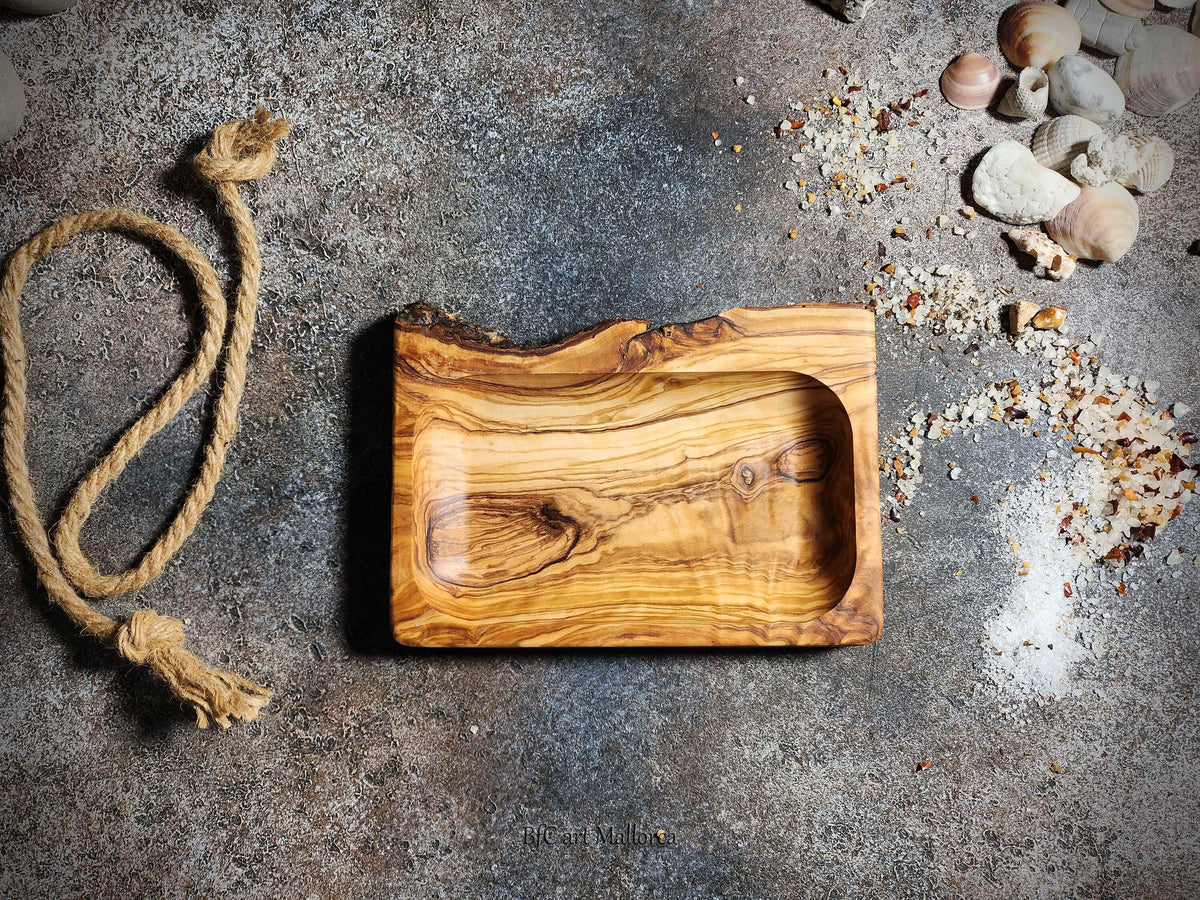 Personalized Olive Wood Serving Tray with Natural Bark Edge: Engraved Rustic Gift