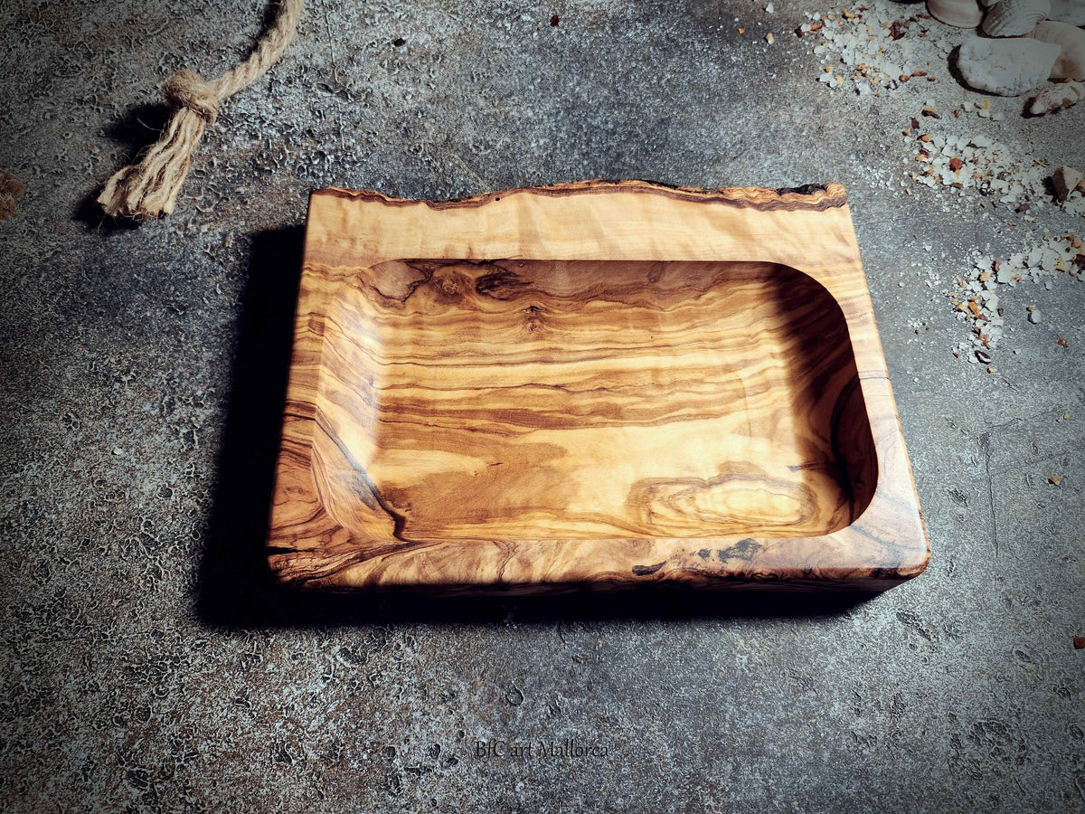 Personalized Olive Wood Serving Tray with Natural Bark Edge: Engraved Rustic Gift