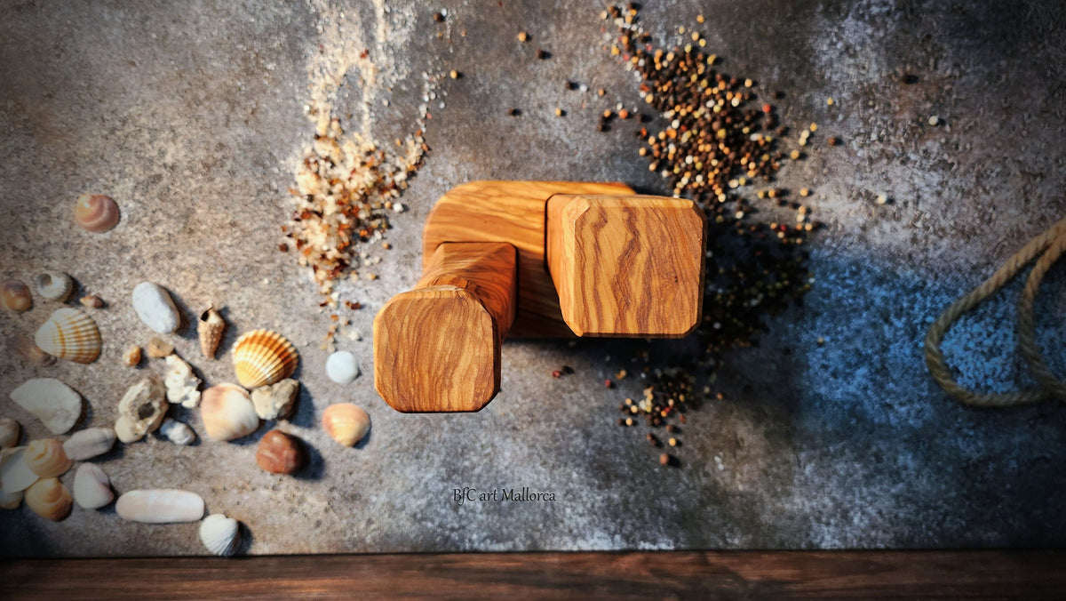 Handcrafted Olive Wood Salt and Pepper Mill Set with Tray