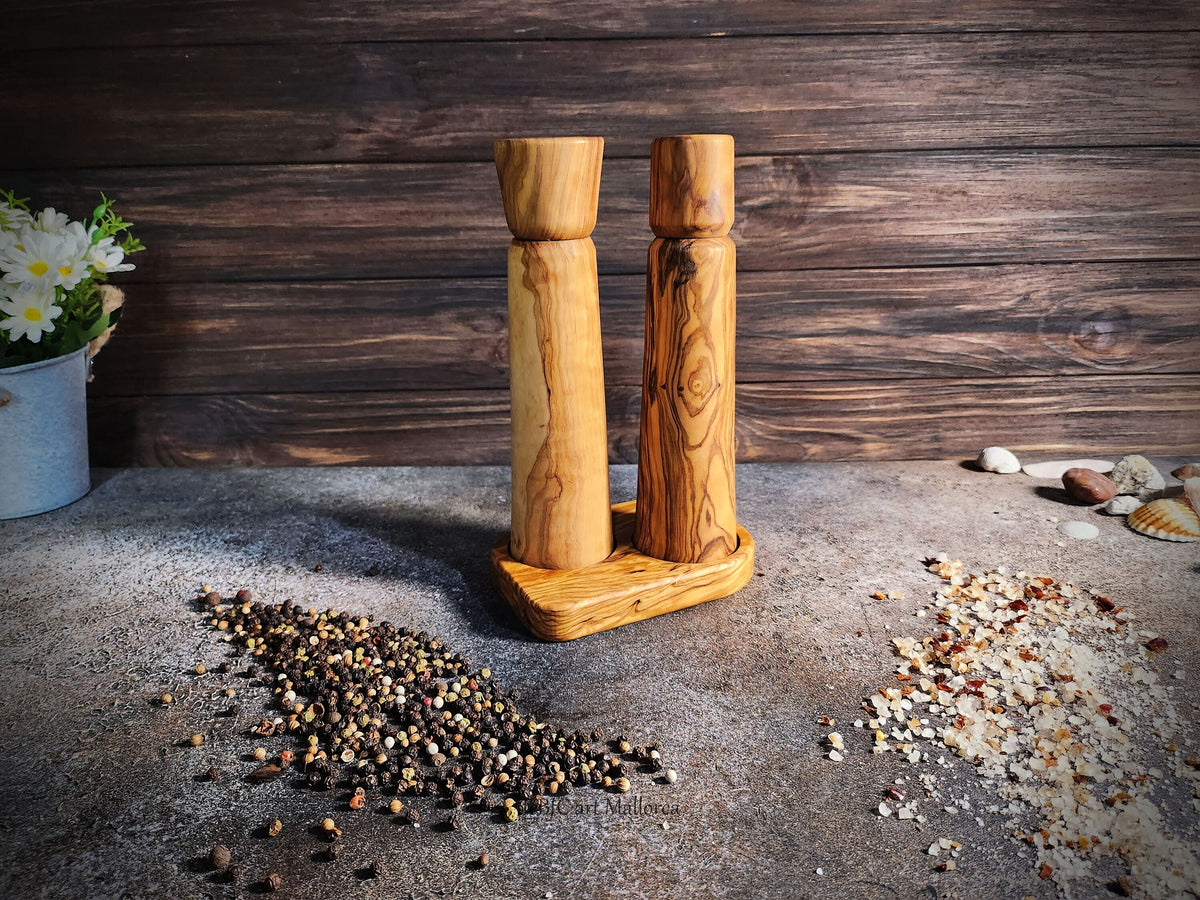 Handcrafted Olive Wood Salt and Pepper Mill Set with Tray