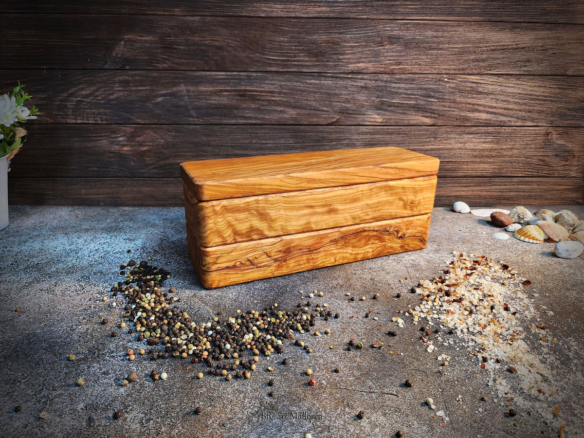 Handmade Olive Wood Salt Box, 6-Compartment Spice Organizer