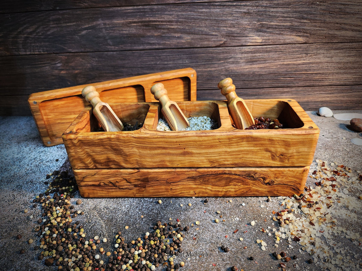 Olive wood salt shaker large with 6 compartments with a Lid, Salt Box with 3 plus 3 compartments stacked on top of each other to save space