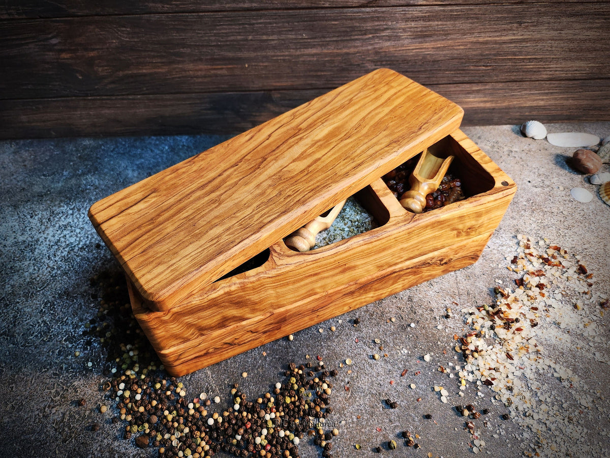 Olive wood salt shaker large with 6 compartments with a Lid, Salt Box with 3 plus 3 compartments stacked on top of each other to save space