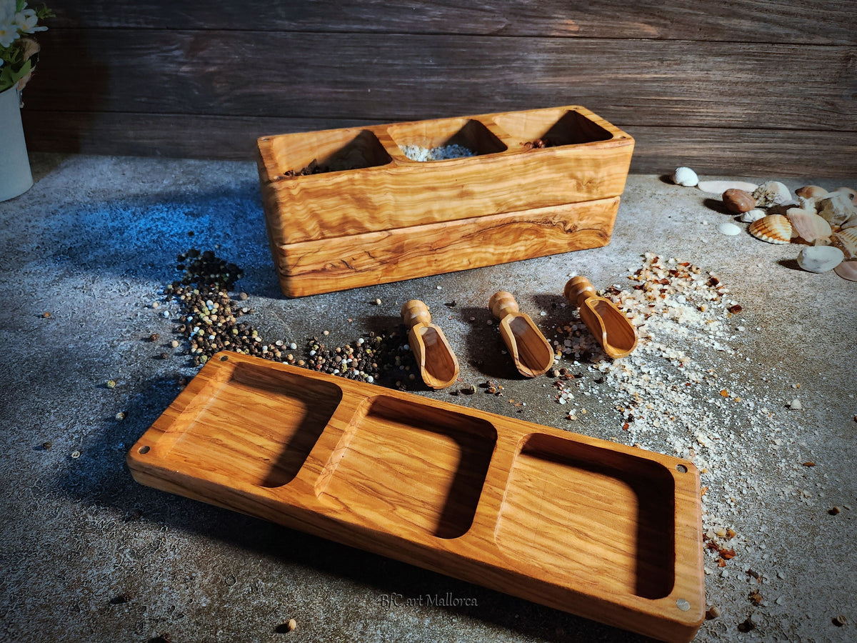 Olive wood salt shaker large with 6 compartments with a Lid, Salt Box with 3 plus 3 compartments stacked on top of each other to save space