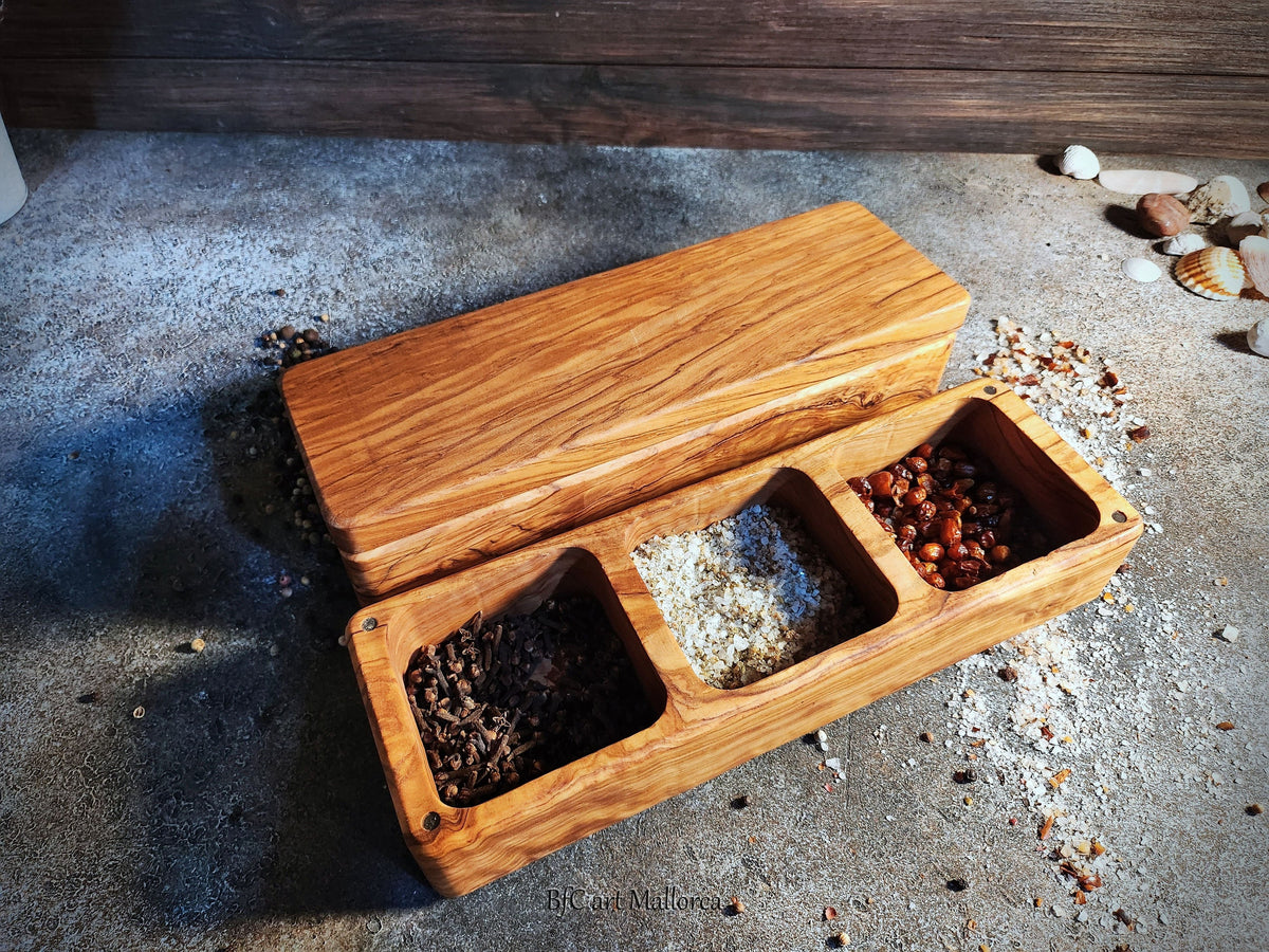 Salt Shaker Large with 6 compartments with Lid customizable, Salt box with 3 plus 3 stacked compartments to save space with 3 salt spoons