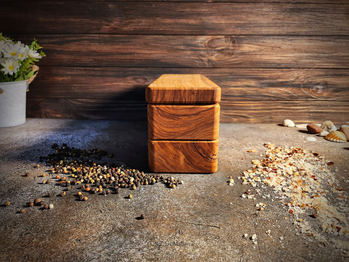 Handmade Olive Wood Salt Box, 6-Compartment Spice Organizer