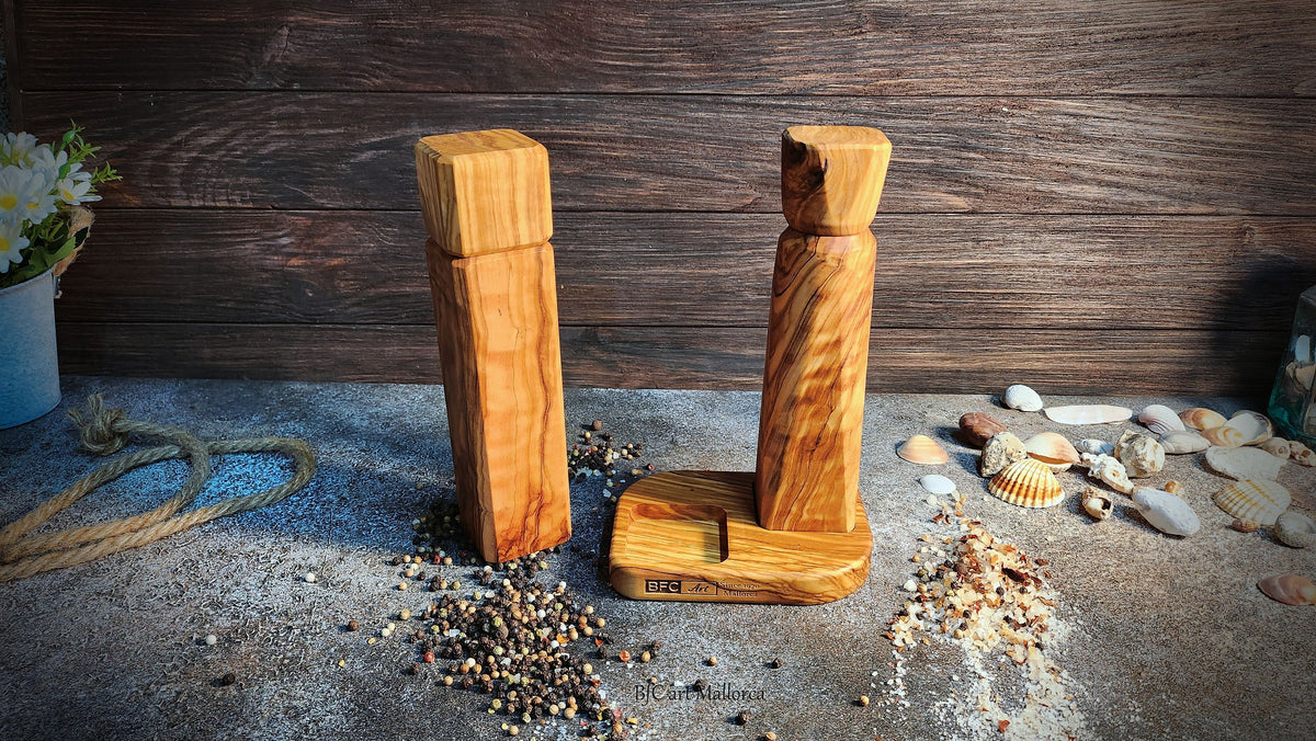 Handcrafted Olive Wood Salt and Pepper Mill Set with Tray
