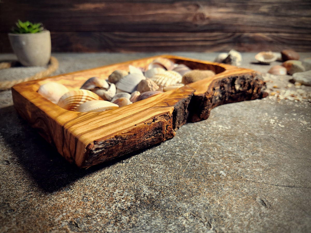 Personalized Olive Wood Serving Tray with Natural Bark Edge: Engraved Rustic Gift