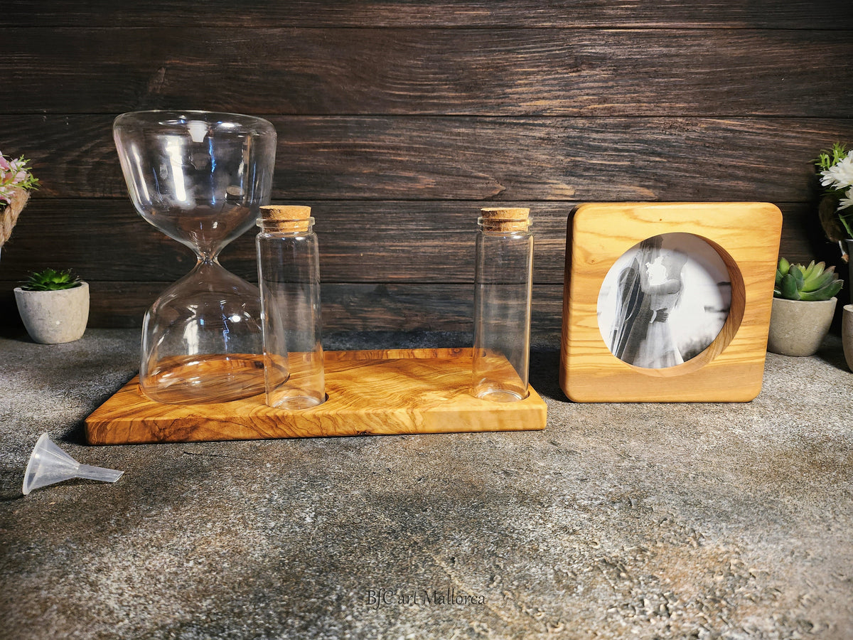 Olive Wood Unity Sand Set, Hourglass, Photo Frame, Wedding Ceremony