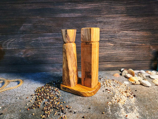 Handcrafted Olive Wood Salt and Pepper Mill Set with Tray