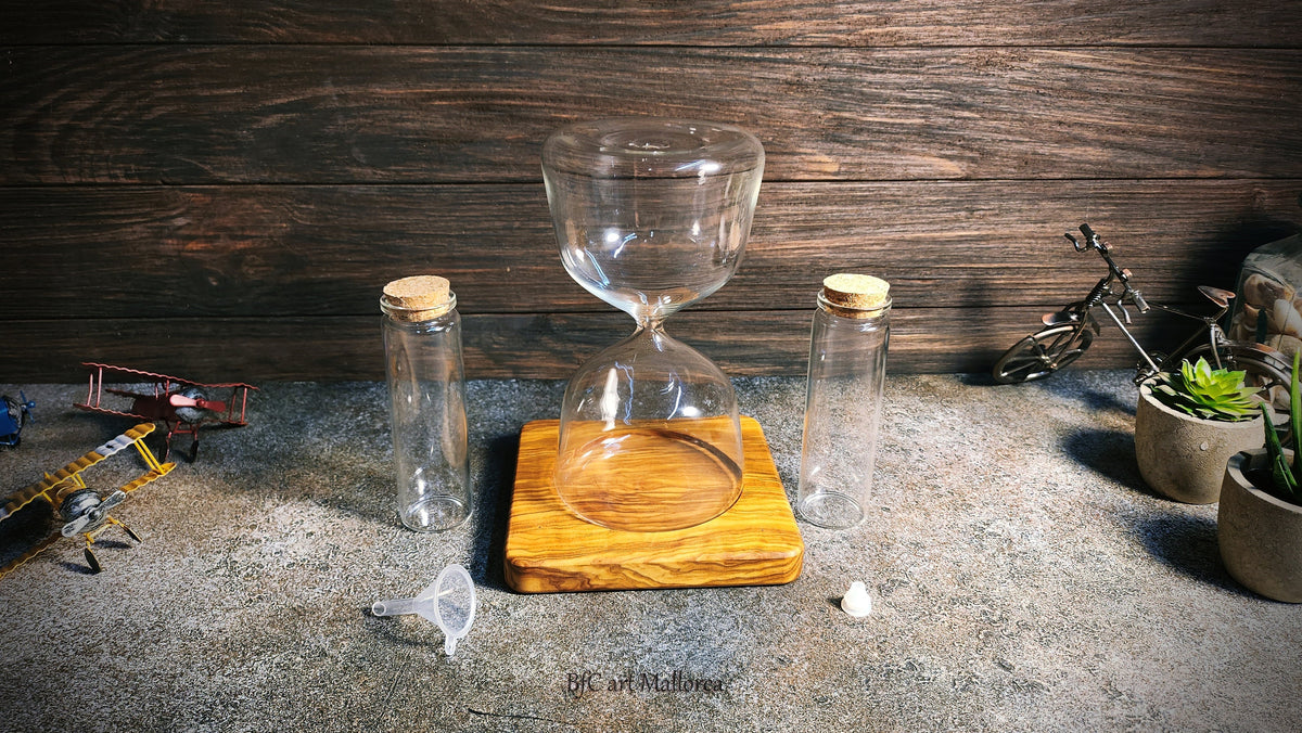 Olive Wood Unity Sand Ceremony Set: Hourglass & Vases, Personalized Wedding Decor