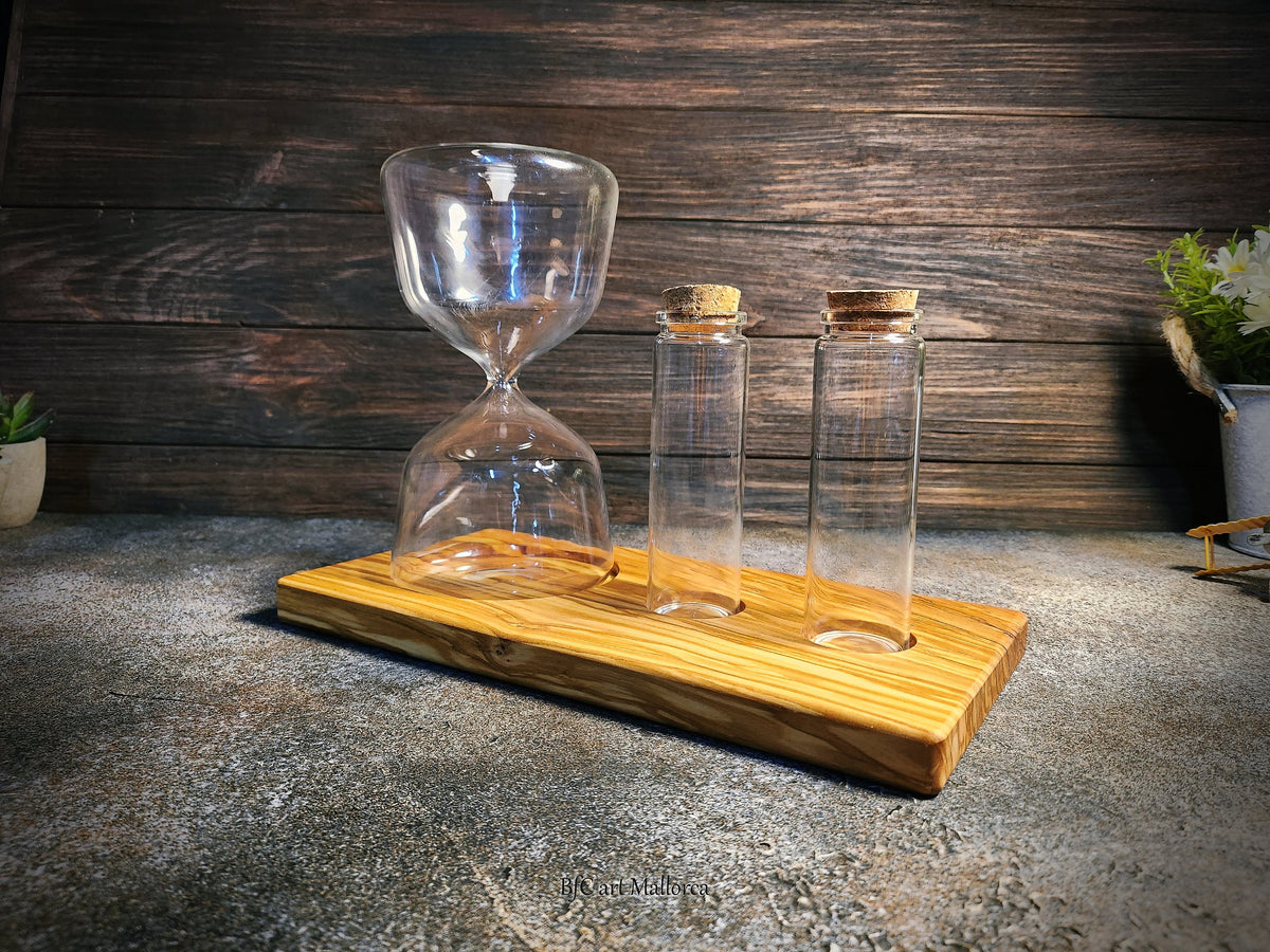 Rustic Wedding Unity Sand Set – Personalized Olive Wood Base, Hourglass & Vases