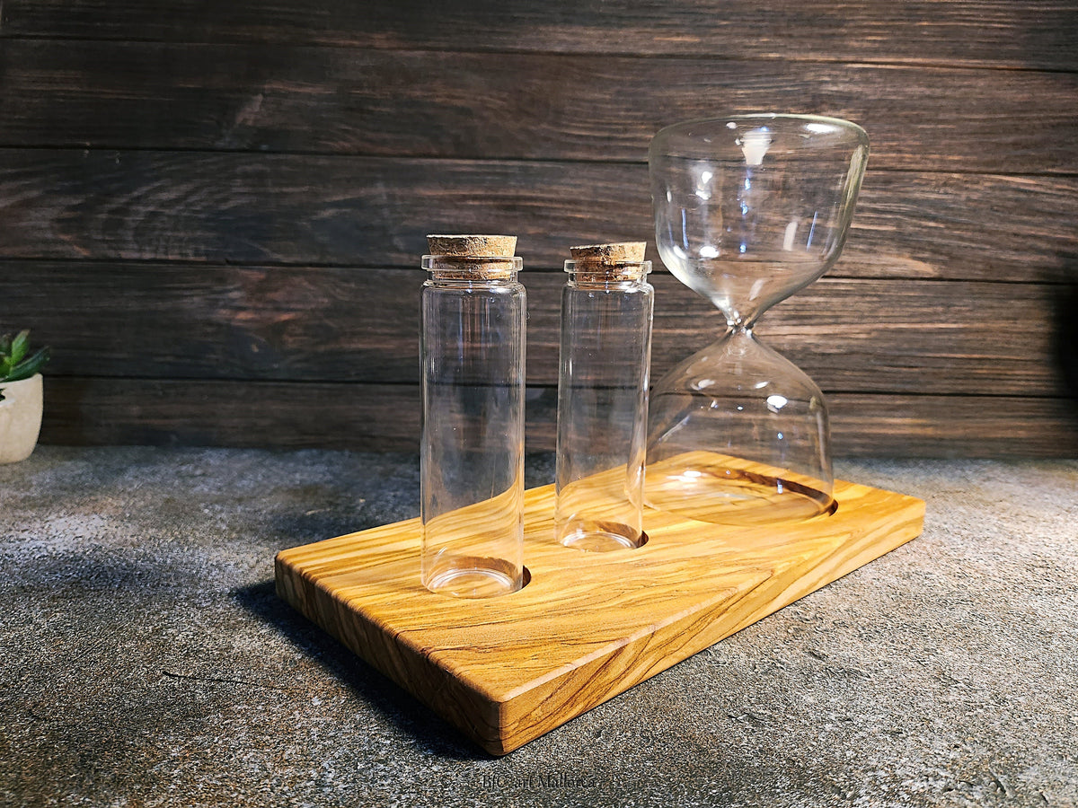 Rustic Wedding Unity Sand Set – Personalized Olive Wood Base, Hourglass & Vases