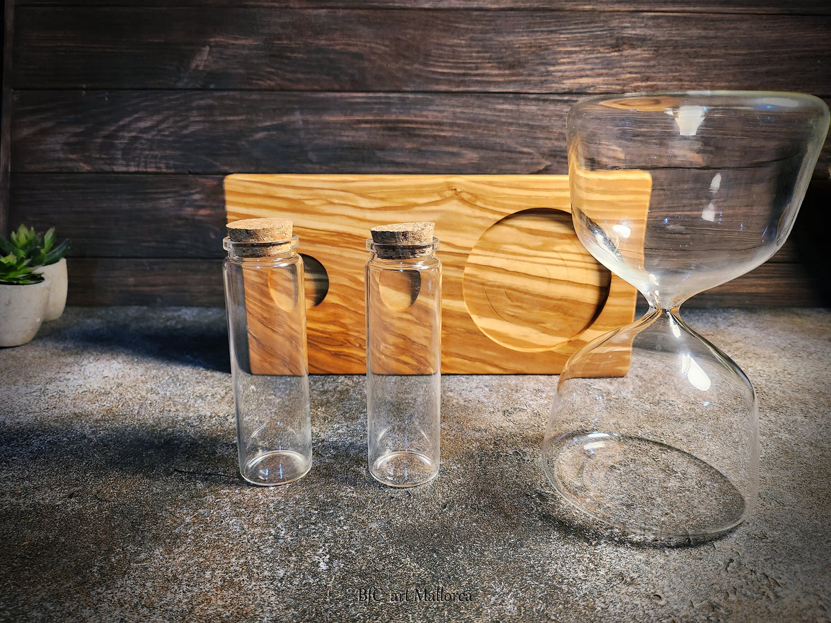 Rustic Wedding Unity Sand Set – Personalized Olive Wood Base, Hourglass & Vases