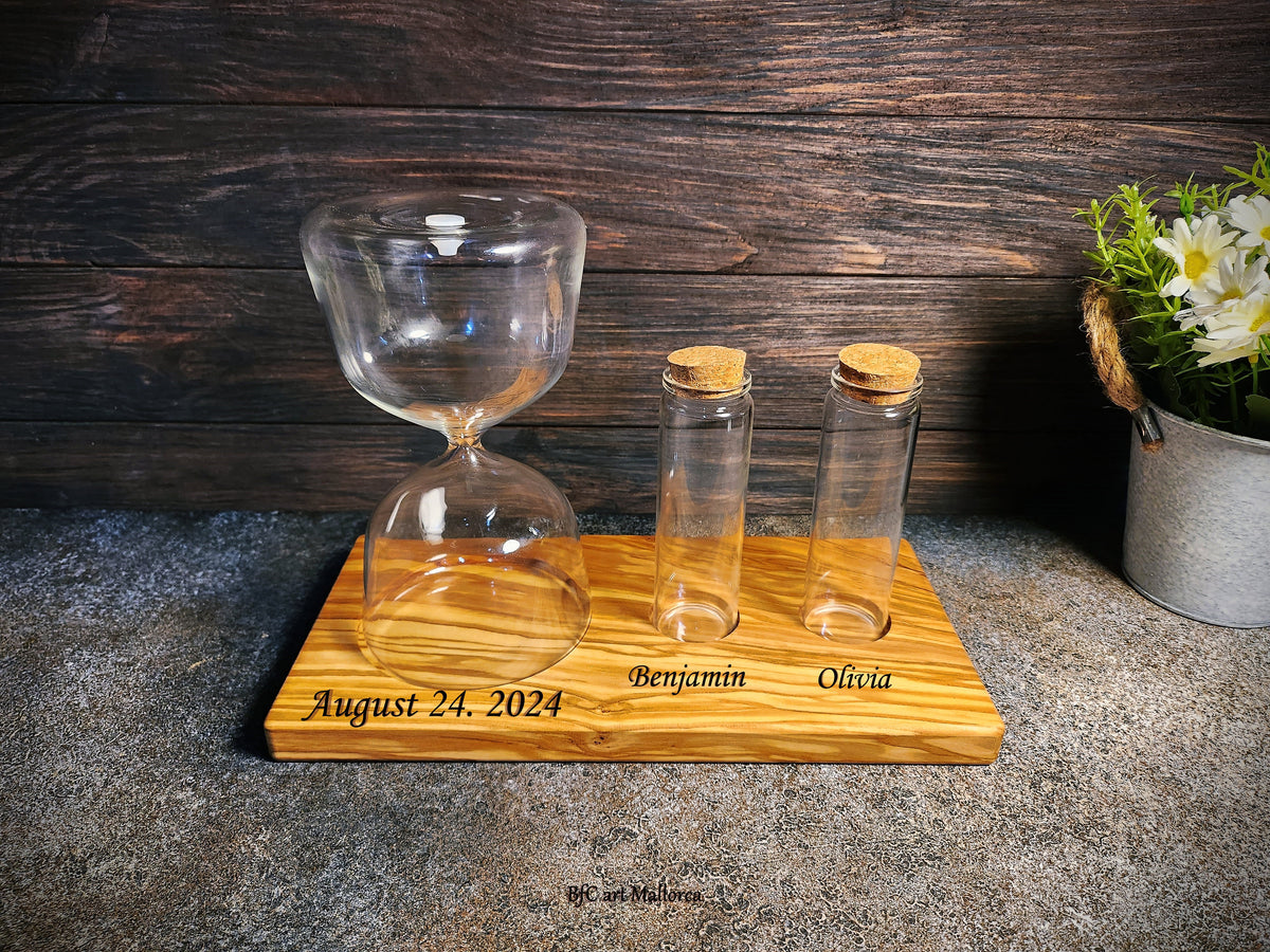 Charming Unity Sand Set for a Memorable Wedding Ceremony - Rustic Sand Ceremony Set with Vases and Personalizable Engraved olive wood base