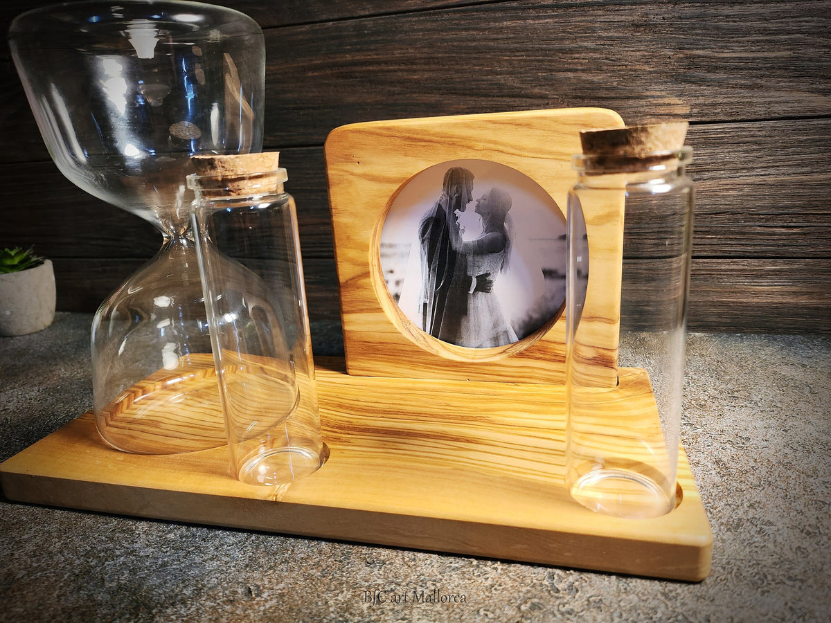 Olive Wood Unity Sand Set, Hourglass, Photo Frame, Wedding Ceremony