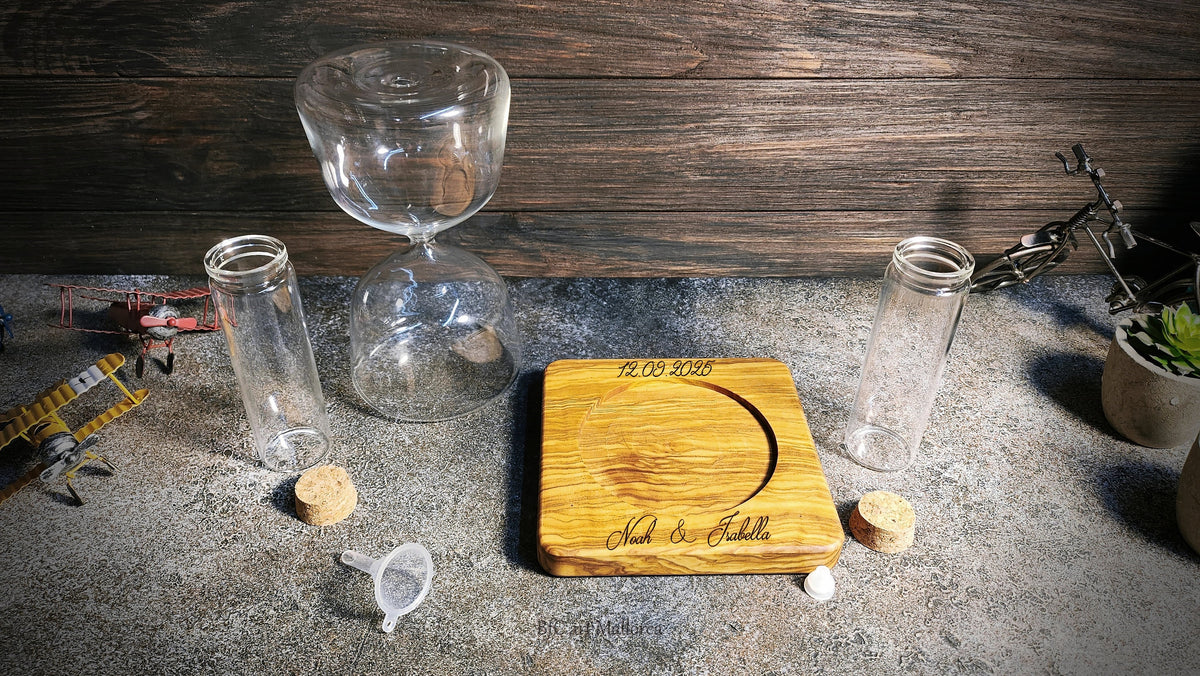 Olive Wood Unity Sand Ceremony Set: Hourglass & Vases, Personalized Wedding Decor