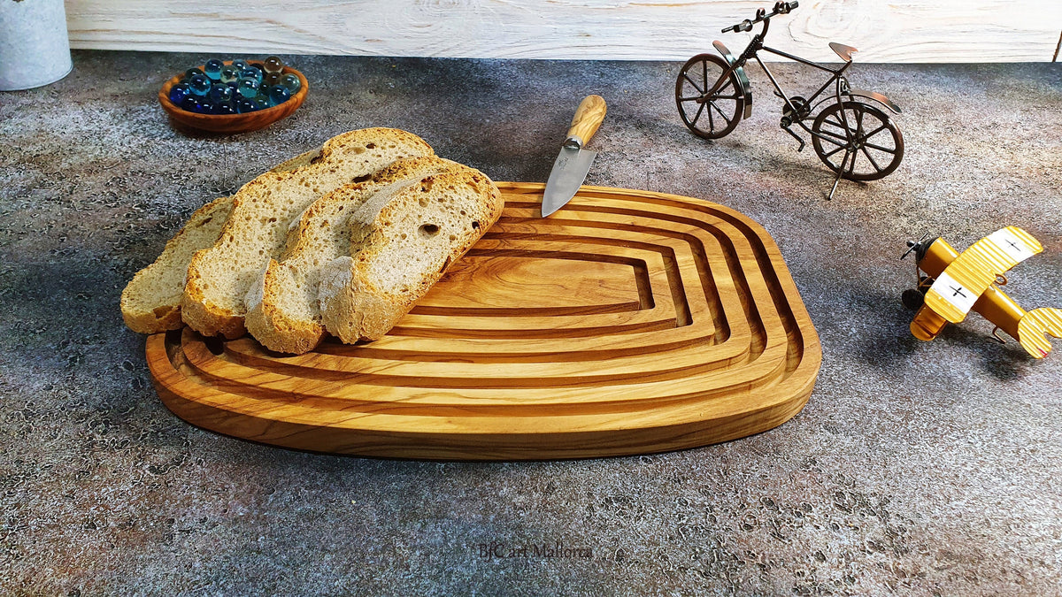 Olive Wood Bread Board with Crumb Tray | Handcrafted Artisan Cutting Board