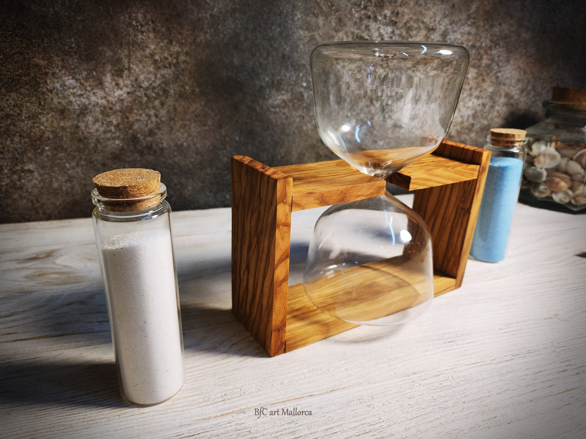 Handmade Olive Wood Hourglass – Refillable Sand Unity Ceremony Vase